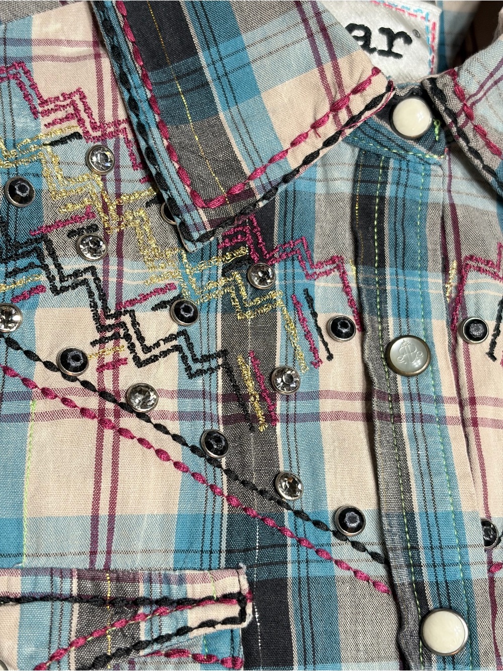 Embellished Plaid Snap-Front Western Shirt in Blue with Cream - Picture 5 of 14